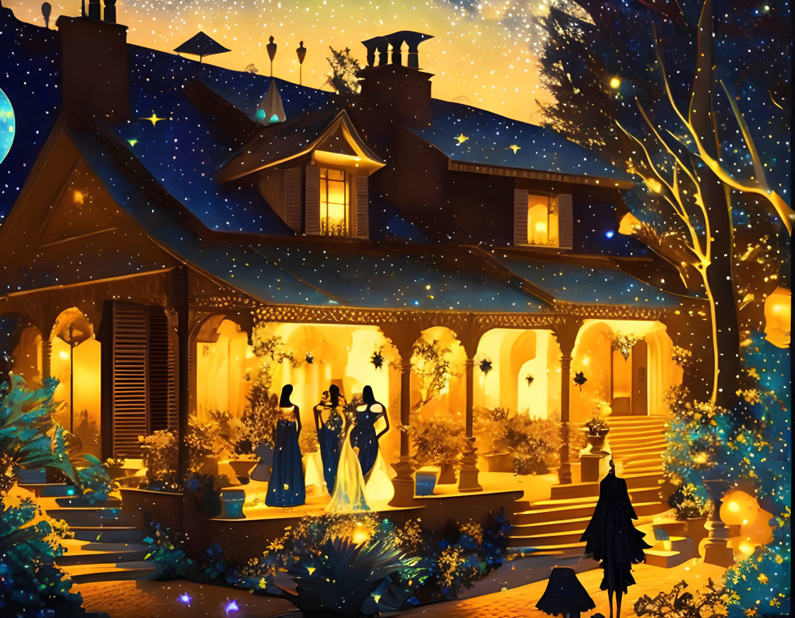 Elegant people in festive attire at warmly lit house with twinkling lights