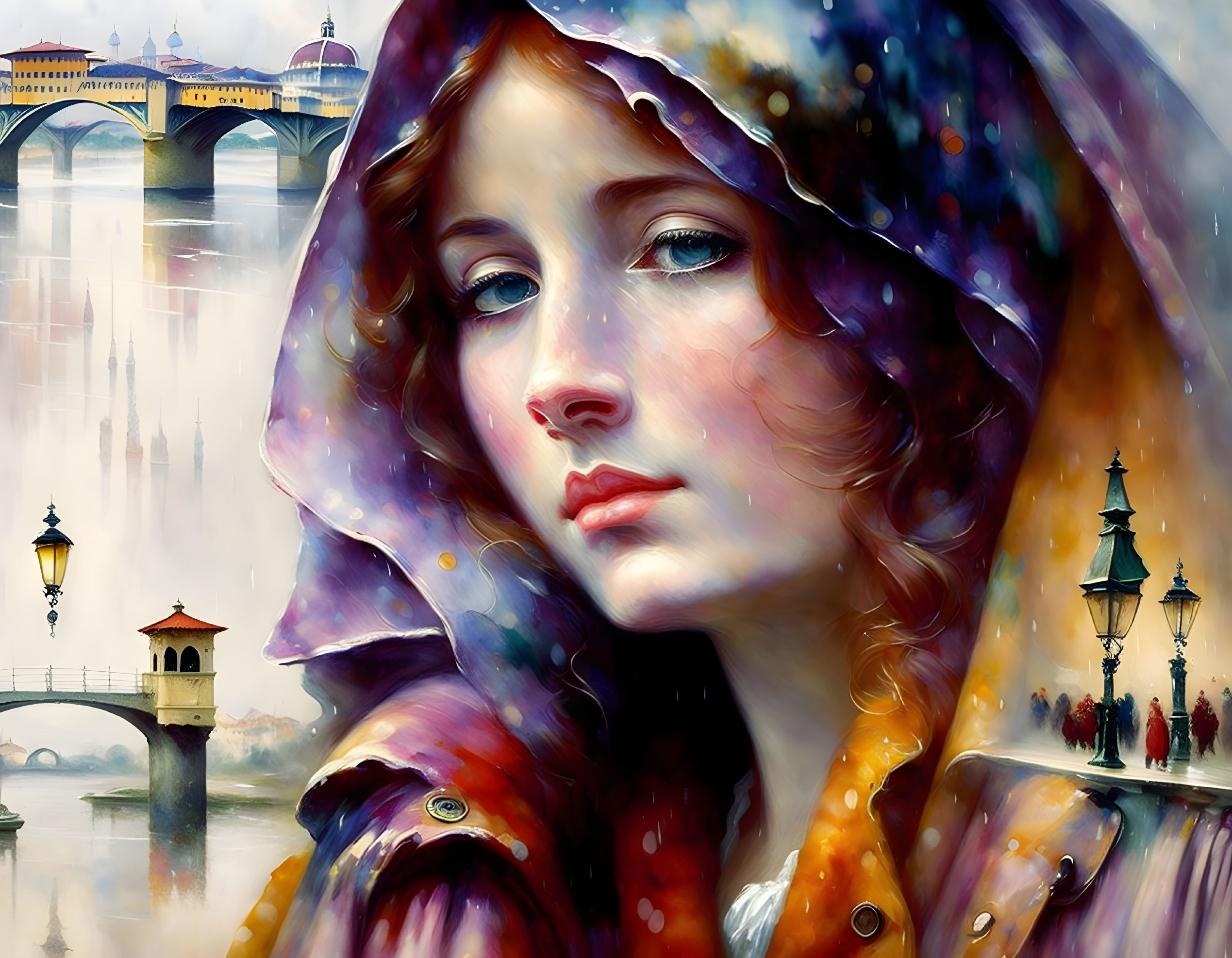 Colorful Hooded Woman Gazing at Ethereal Cityscape