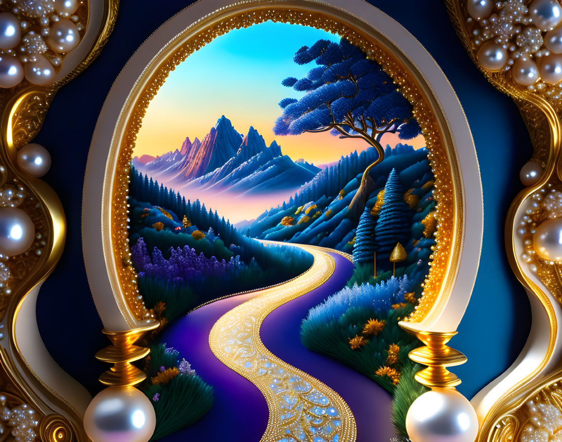 Fantastical landscape with ornate details and winding path to distant mountains