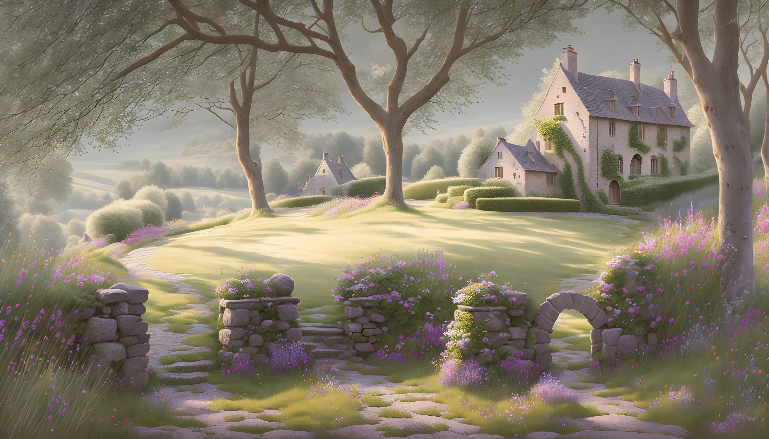 Tranquil countryside landscape with stone houses, purple flowers, cobblestone path, trees, and