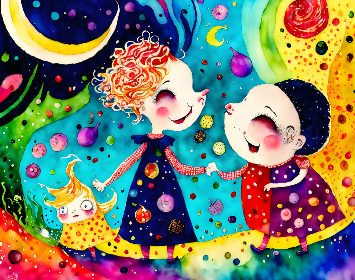 Whimsical characters holding hands in cosmic scene