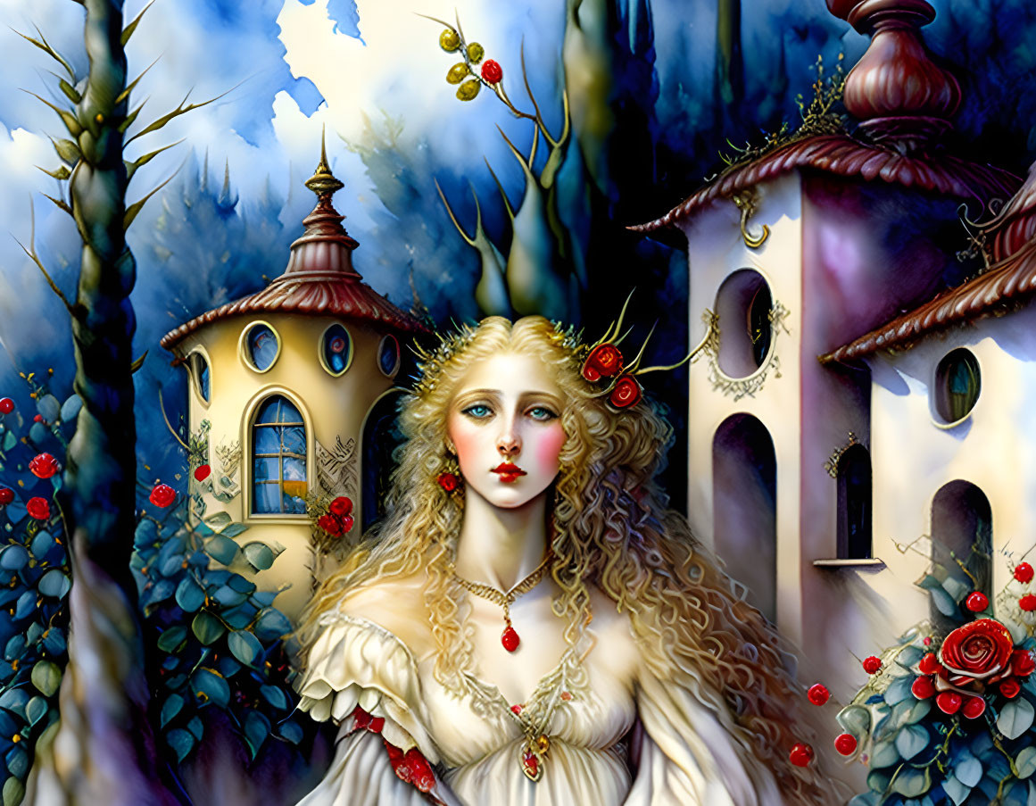 Fantastical illustration of woman with golden hair in magical setting