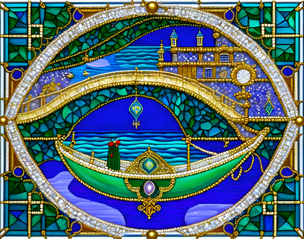 Vibrant stained glass moon with ocean waves and lighthouses