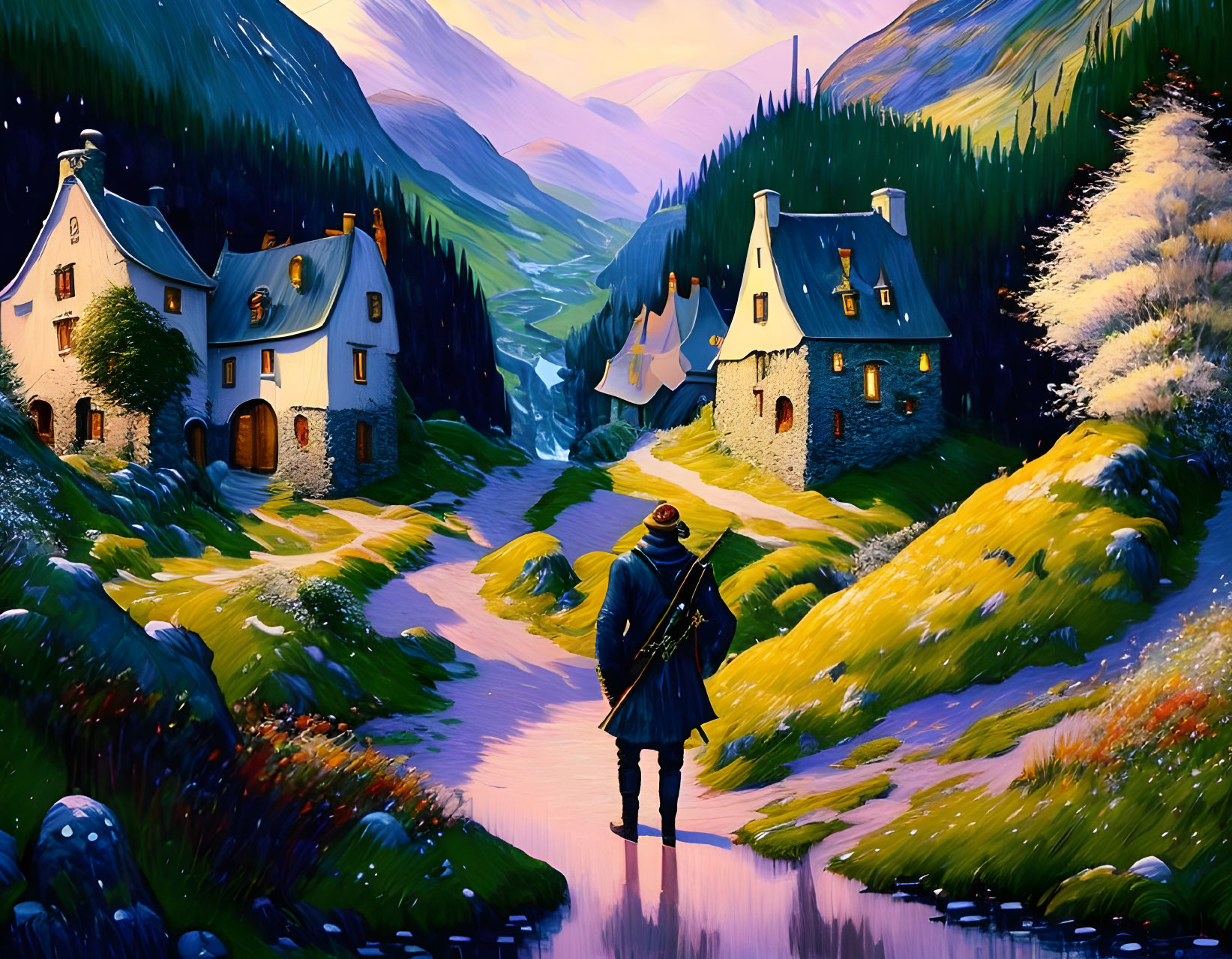 Traveler strolling village path at twilight with mountain backdrop