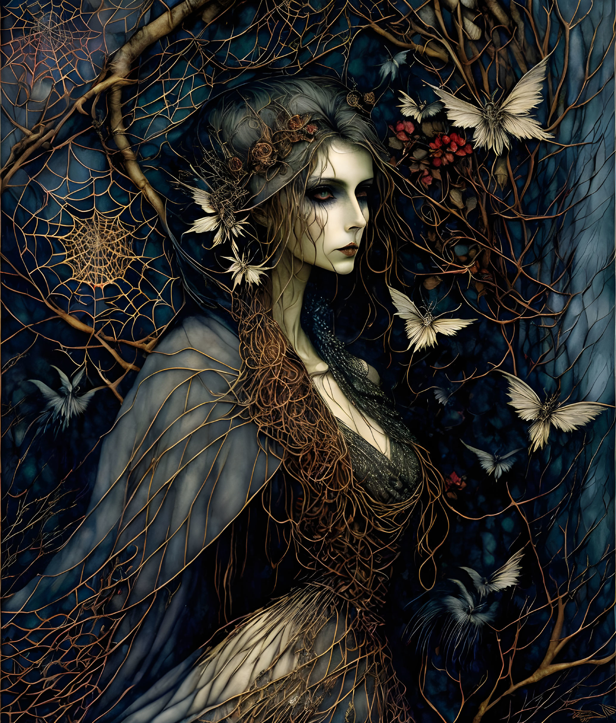 Fantasy art of mystical woman with nature-inspired headdress surrounded by branches, cobwebs, and white