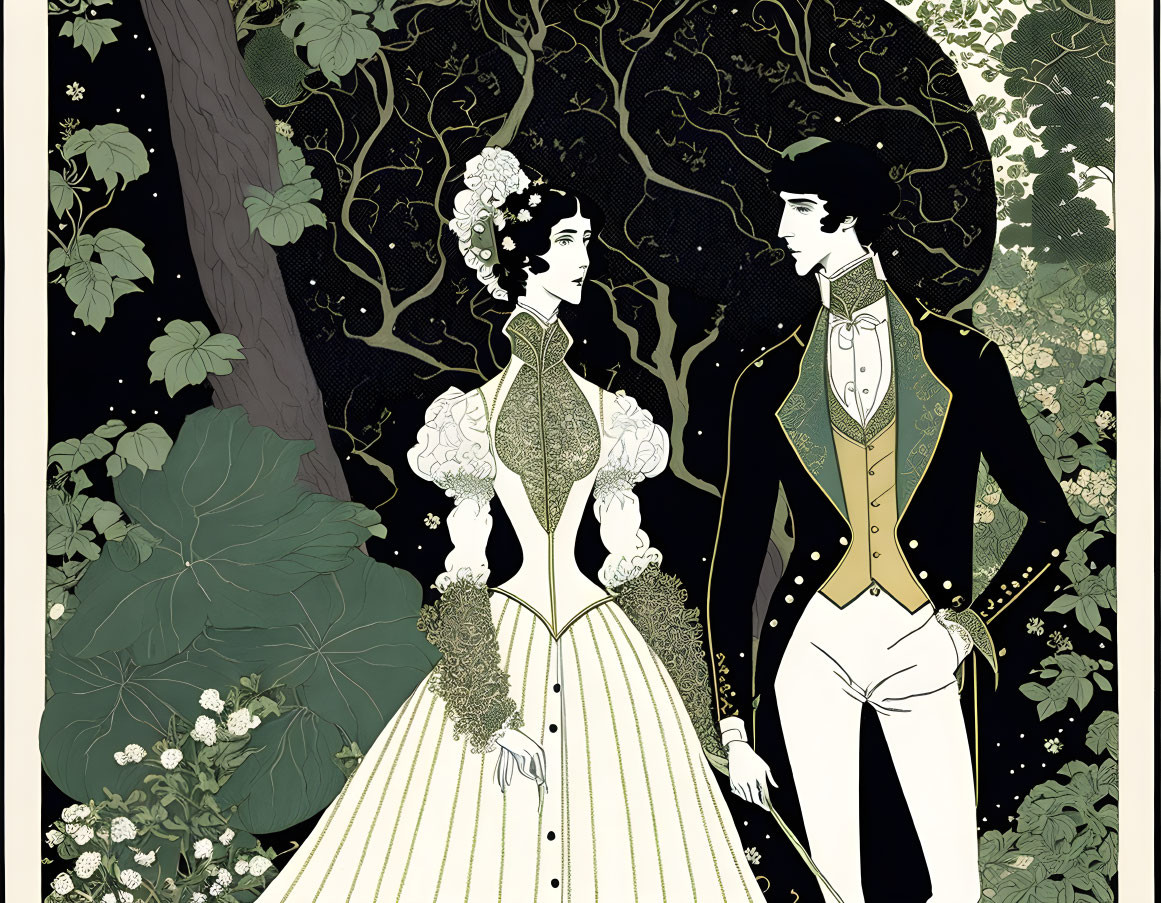 Victorian-era couple in elegant attire in lush garden setting