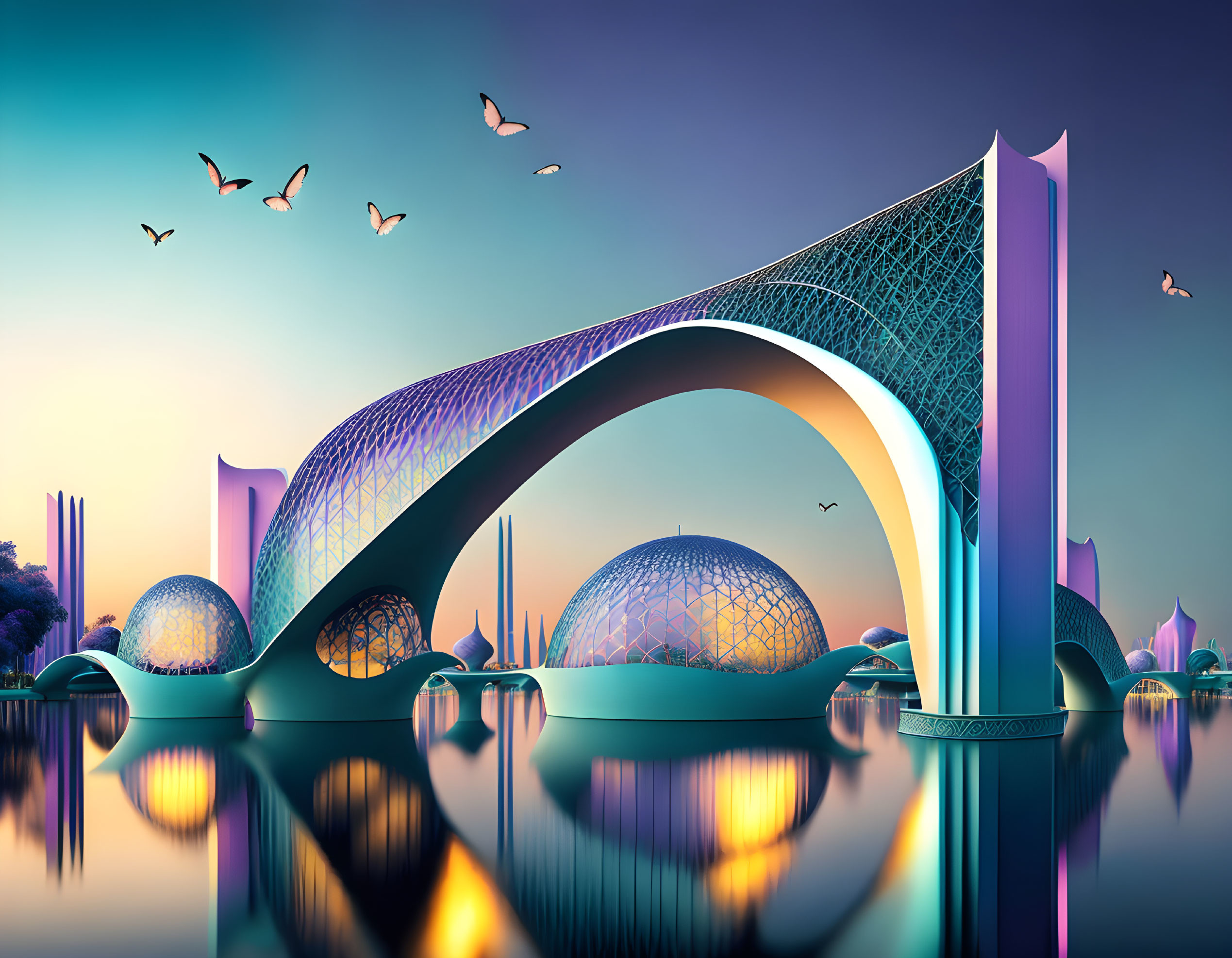 Futuristic cityscape with arching structures and domes at twilight