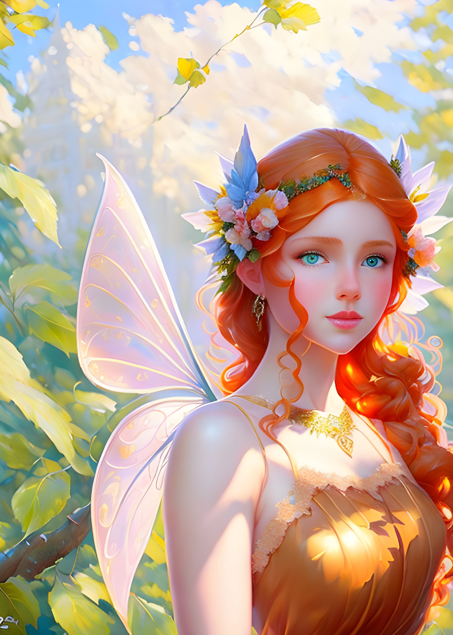 Fairy illustration with translucent wings in sunlit forest