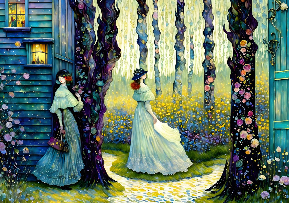 Two women in vintage dresses near colorful, whimsical house with flowers