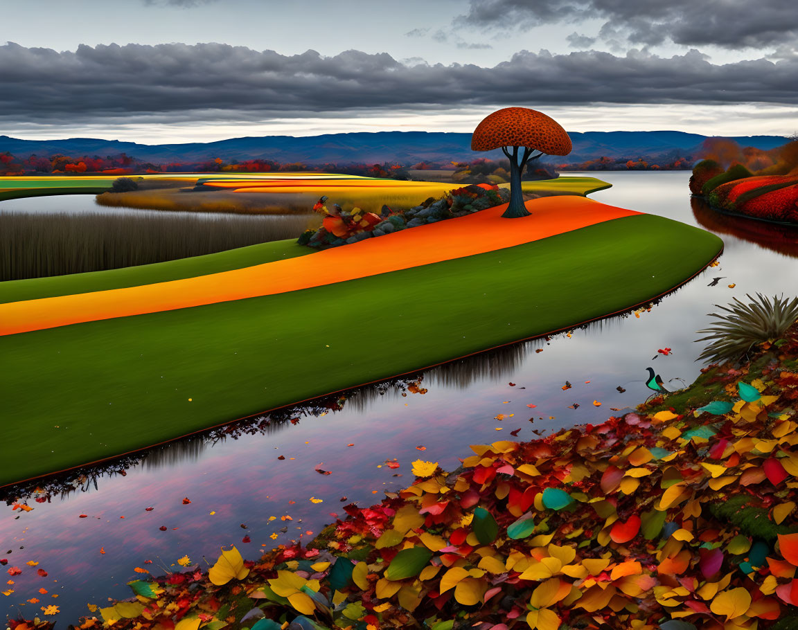 Colorful surreal landscape with rolling hills and river under dramatic sky