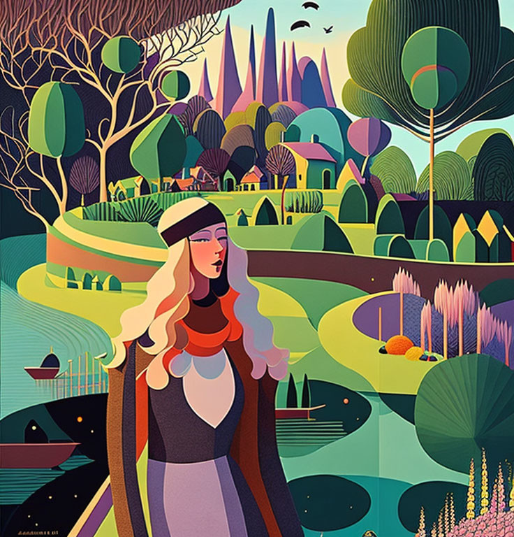 Colorful landscape illustration featuring woman under twilight sky