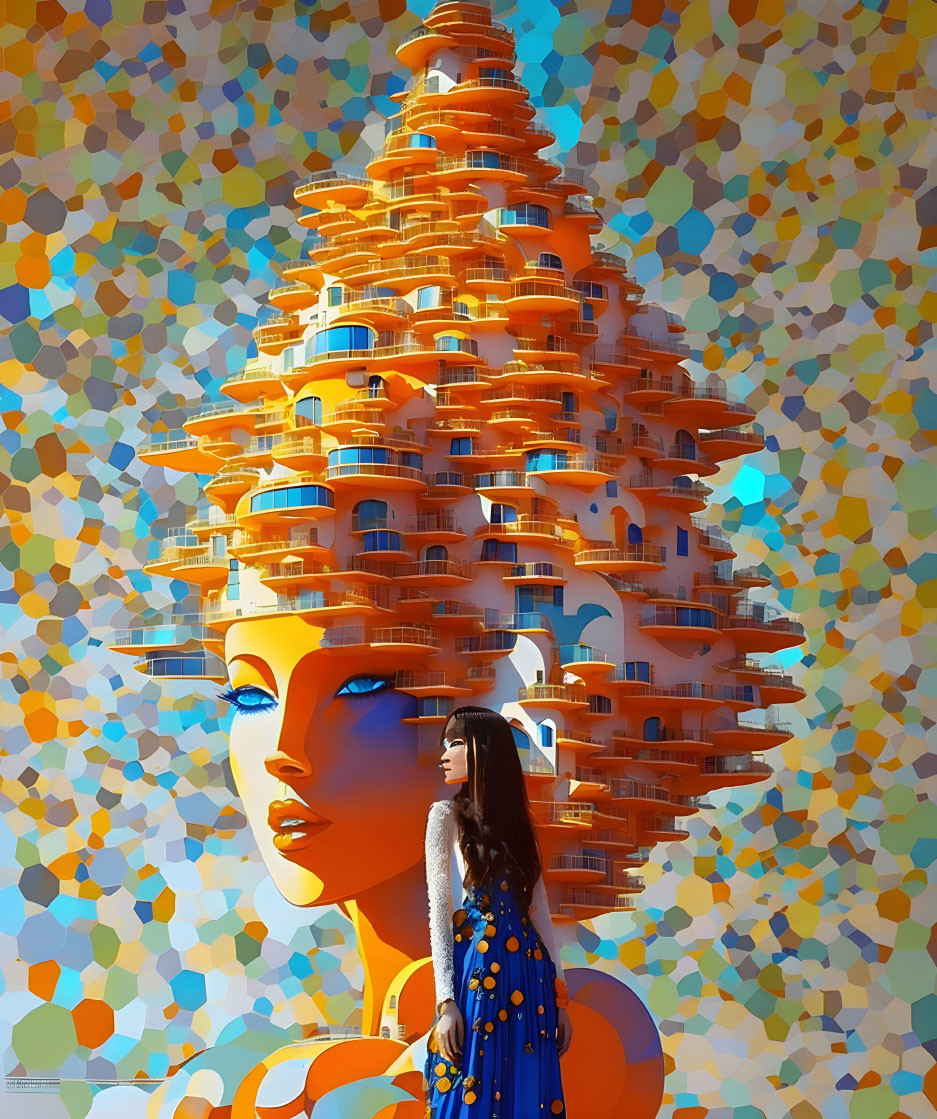 Woman in Blue Dress Standing by Surreal Abstract Tower Structure