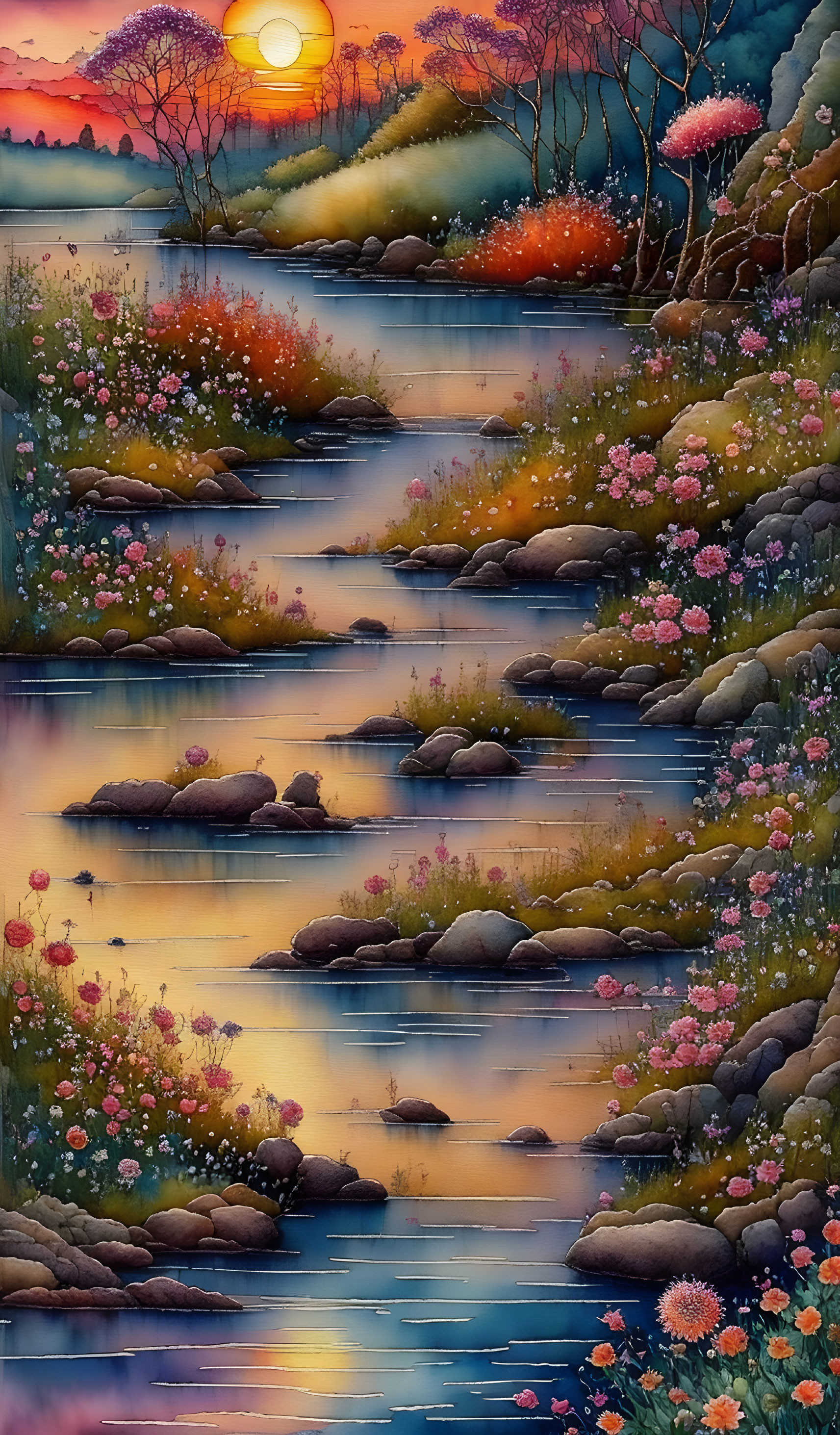 Tranquil landscape: river, flowers, sunset reflection