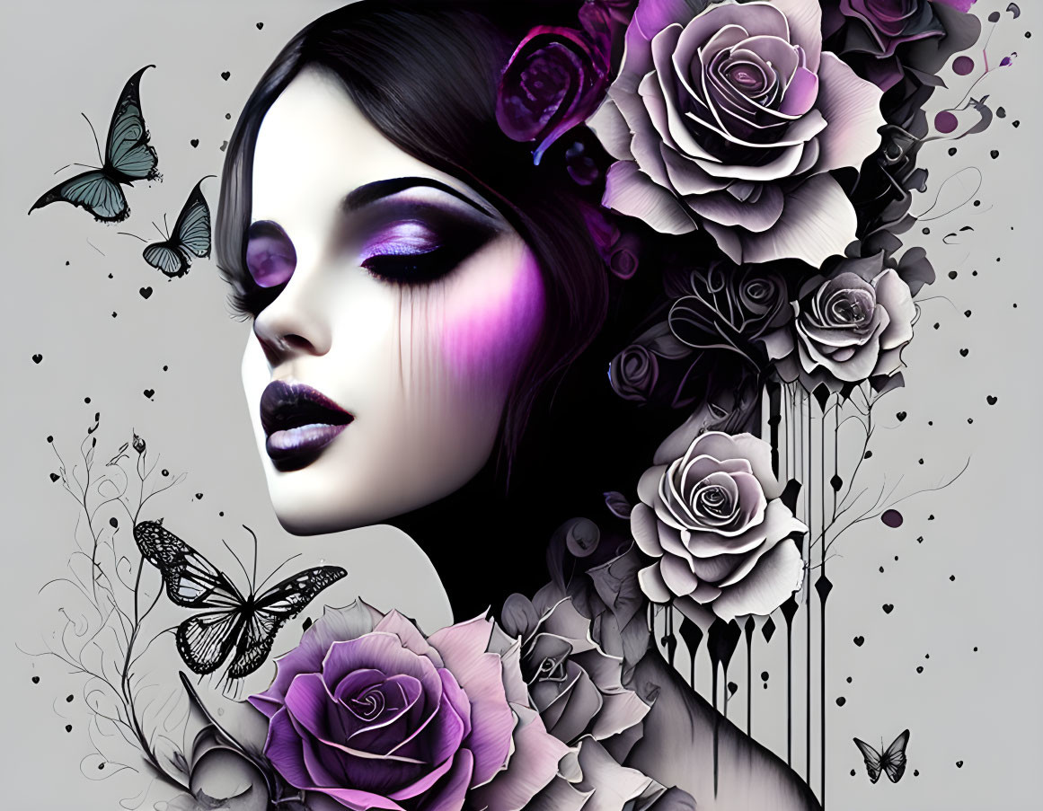 Stylized portrait of woman with purple makeup, monochrome roses, butterflies, and sketch-like elements