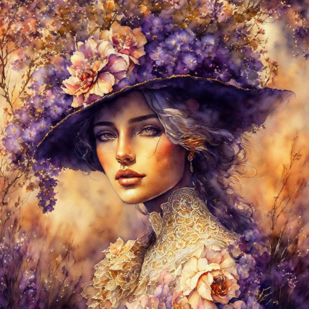 Woman in Purple Floral Hat with Vintage Attire Surrounded by Warm-Toned Flowers