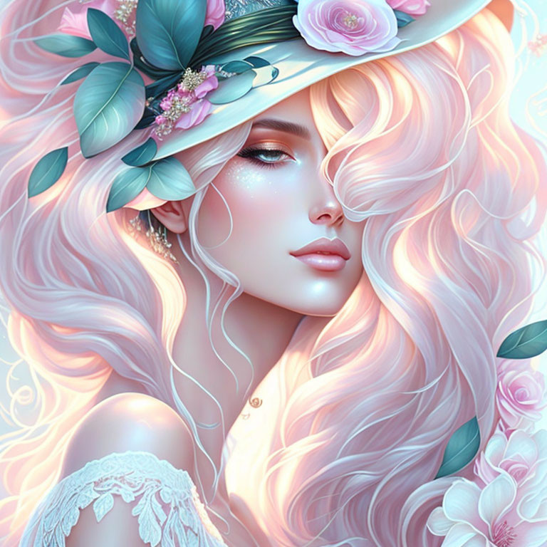 Digital artwork: Woman with pink hair and floral hat in soft pastel colors