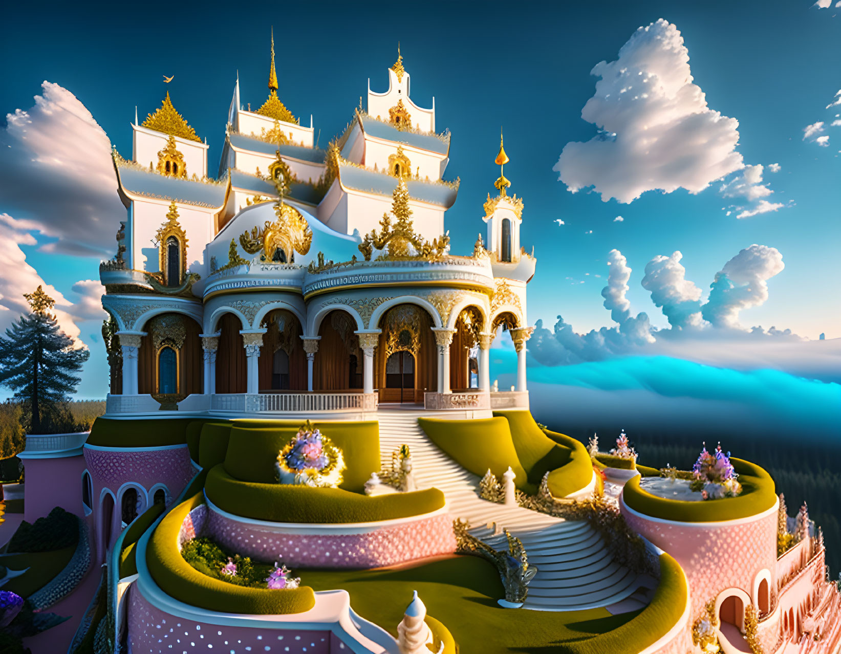 Fantasy-style palace with golden spires on green hills under vibrant sky