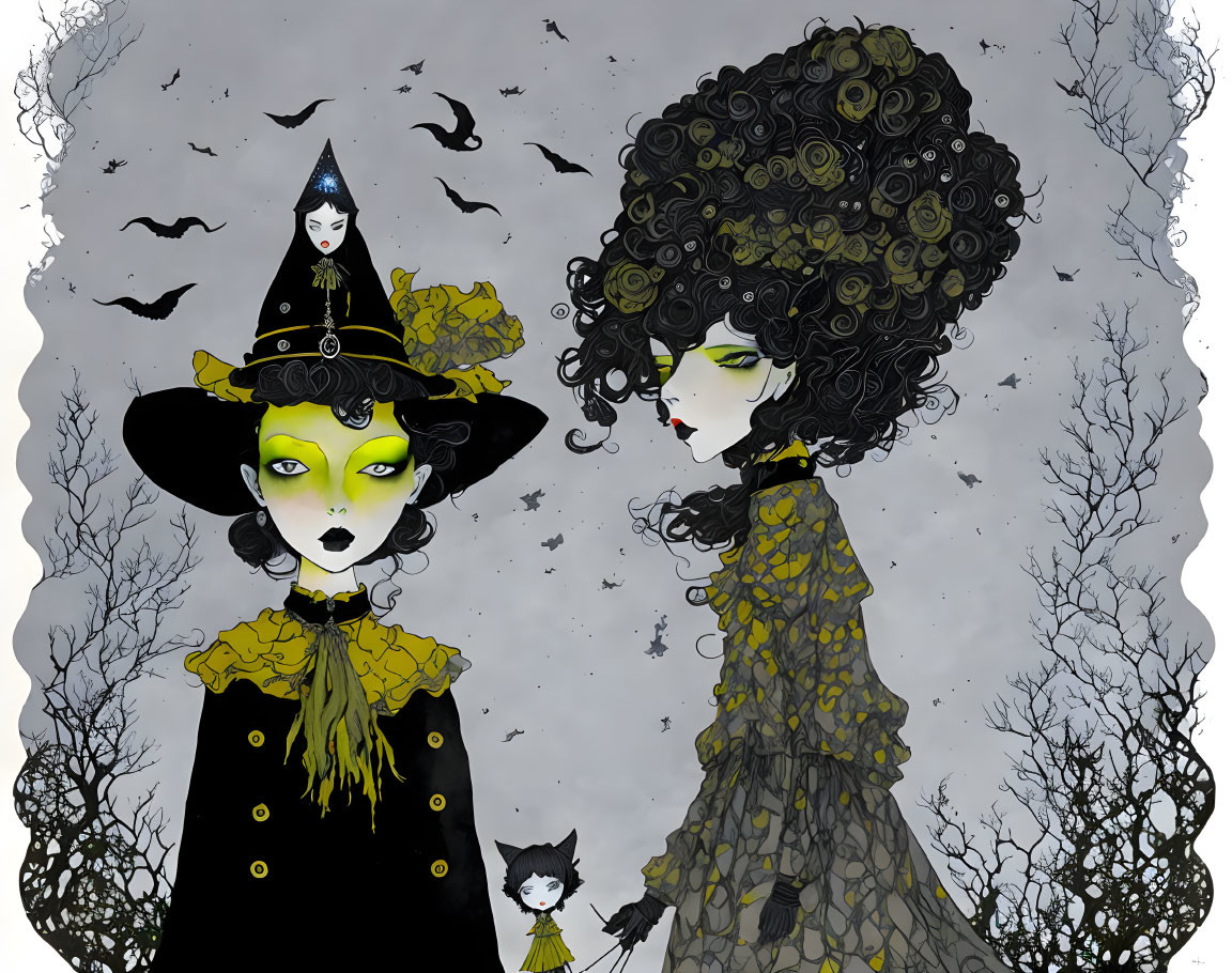 Stylized witches with green skin in intricate costumes on gloomy background