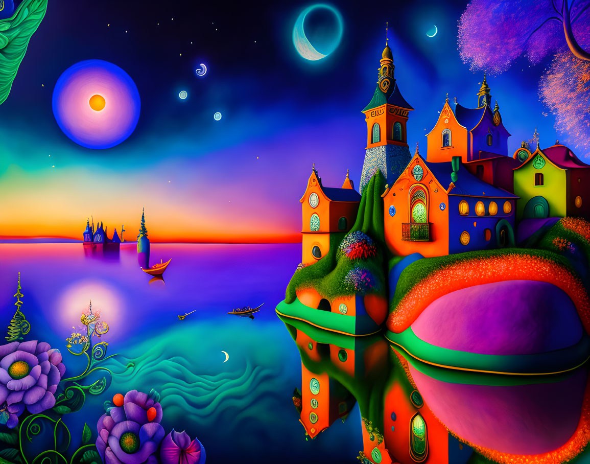 Colorful seaside town with surreal architecture and multiple moons