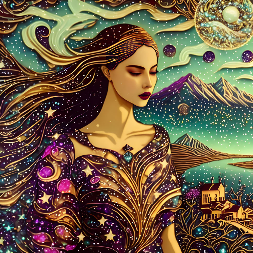 Illustrated woman in celestial gown with stars, mountains, and castle under golden sky