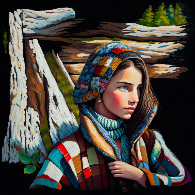 Colorful portrait of pensive woman in plaid against nighttime forest.