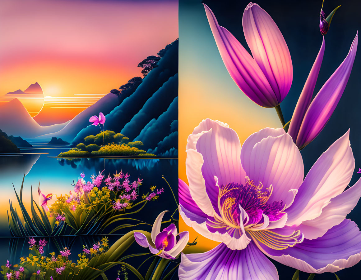 Digital artwork: Split scenes of serene sunset over lake & vibrant purple flower.