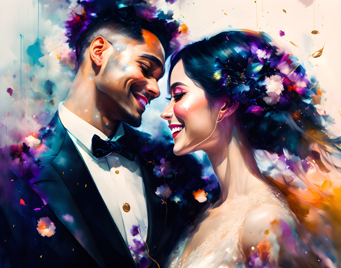 Colorful Wedding Couple Illustration with Flowers