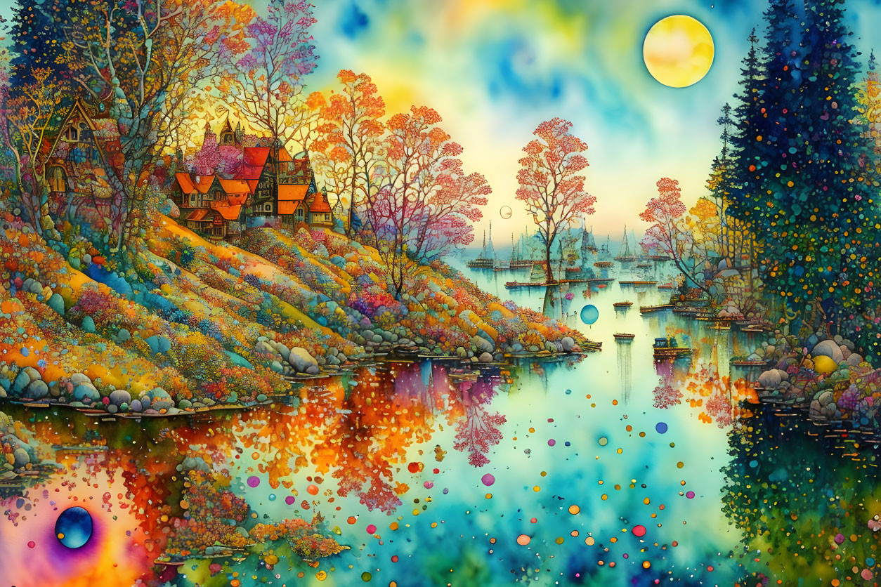 Colorful Fantasy Landscape with Whimsical House, Autumn Trees, Reflective Lake, and Yellow Moon