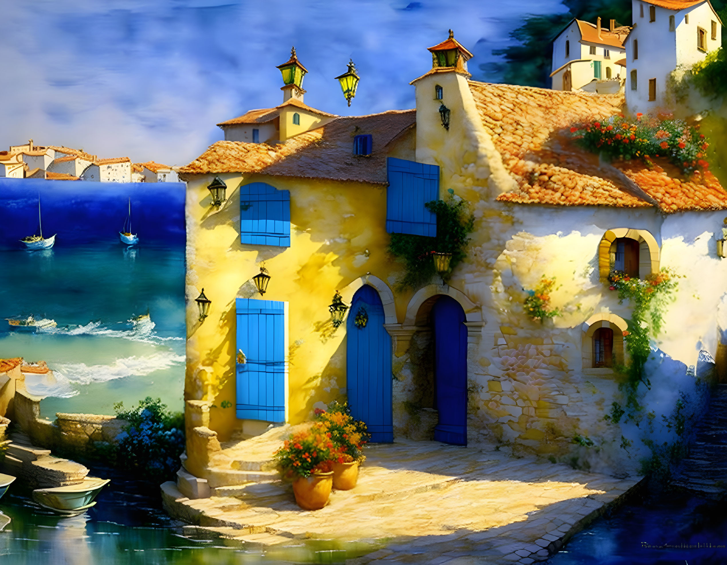 Scenic waterfront with yellow stucco building, blue doors, lush greenery, lanterns,