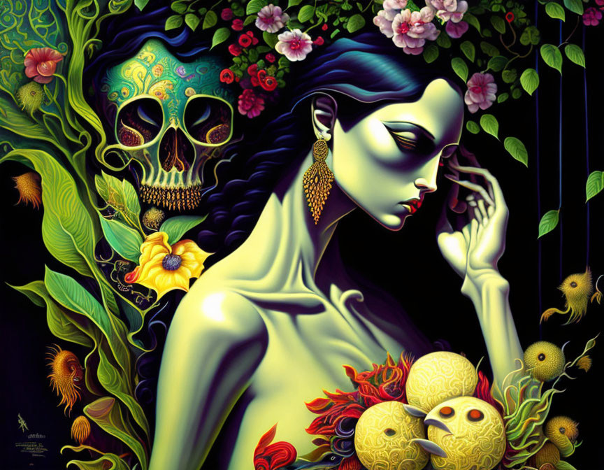 Colorful Artwork: Woman with Half Skull Face, Floral Elements, Birds, Dark Ambiance