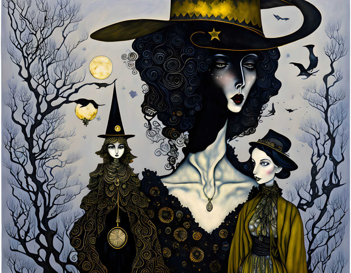 Stylized illustration of three witches in ornate attire under a moonlit sky