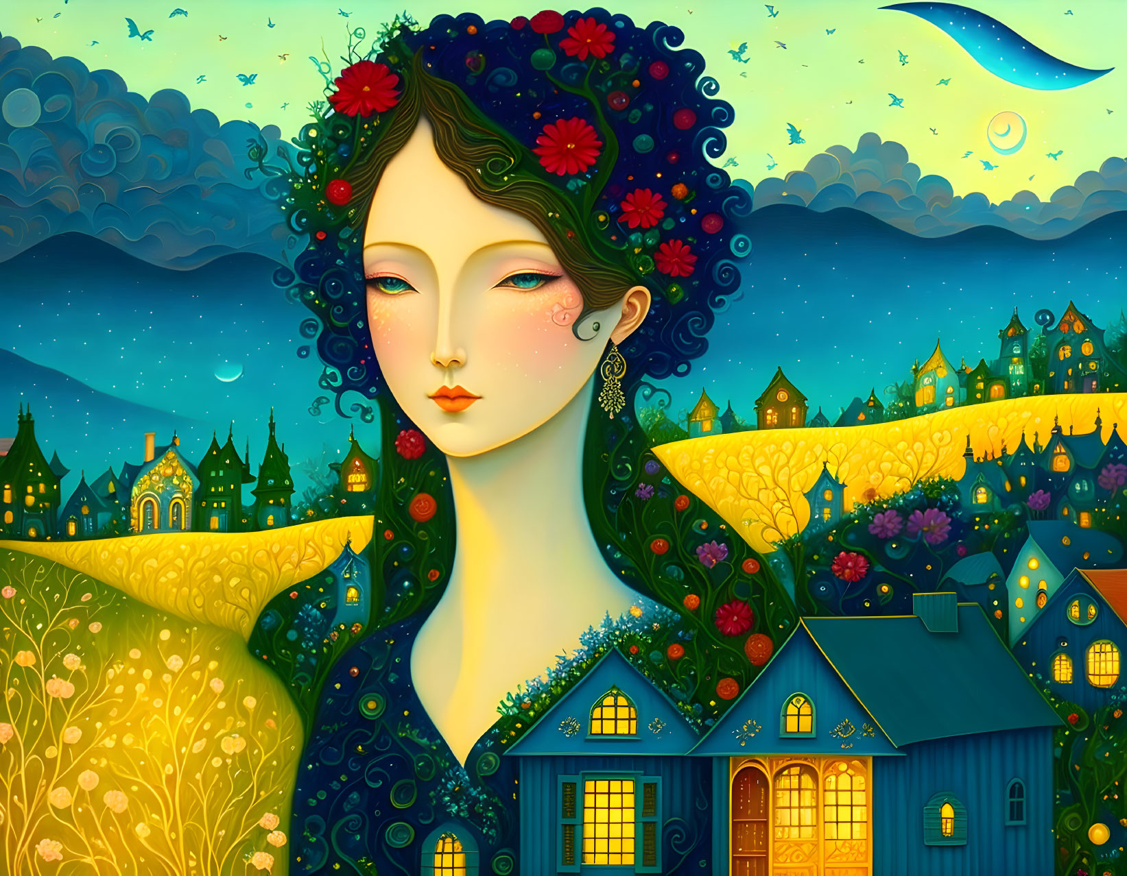 Colorful woman illustration with landscape and houses in hair - whimsical night-time village scene