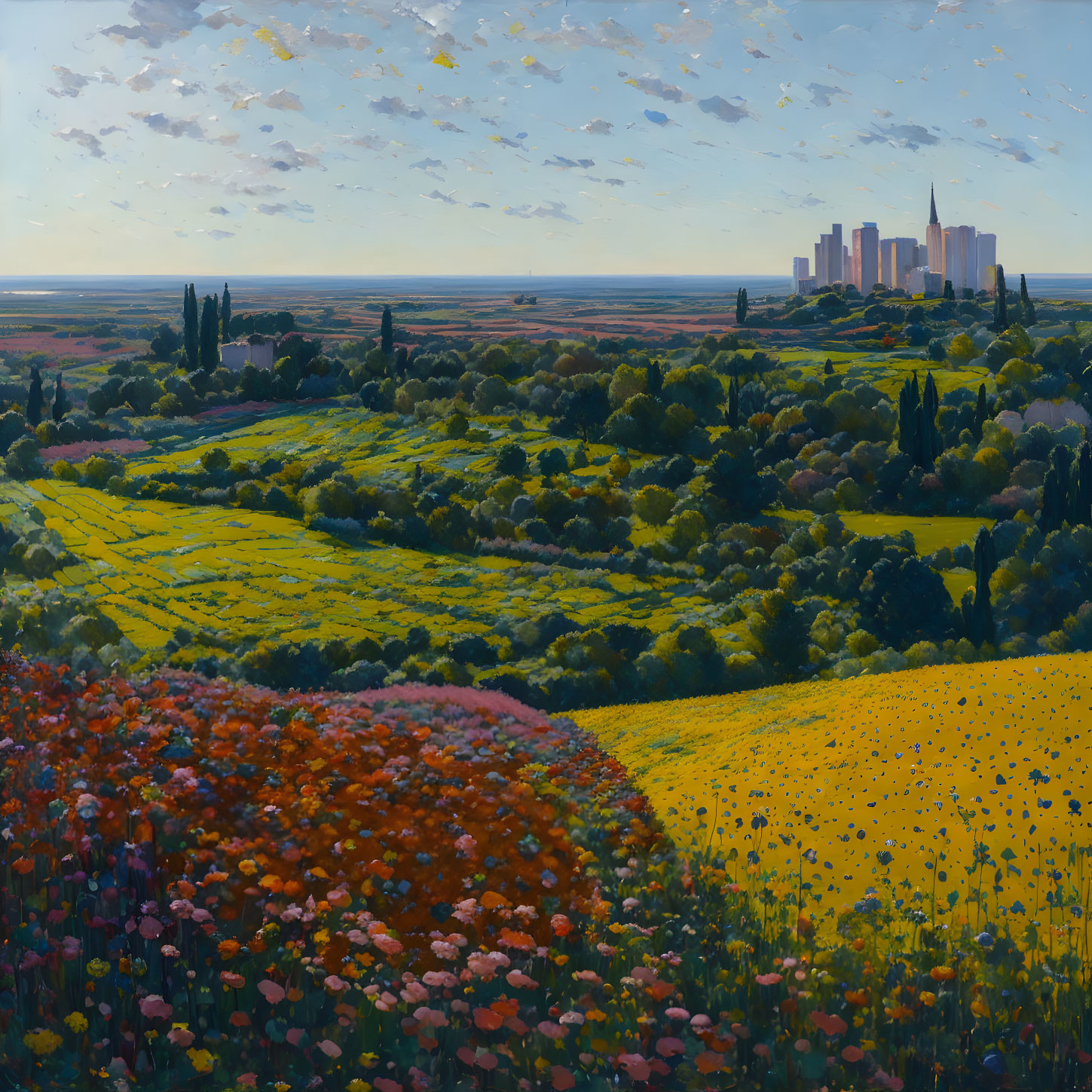 Colorful landscape painting with wildflowers, green fields, trees, and city skyline under blue sky