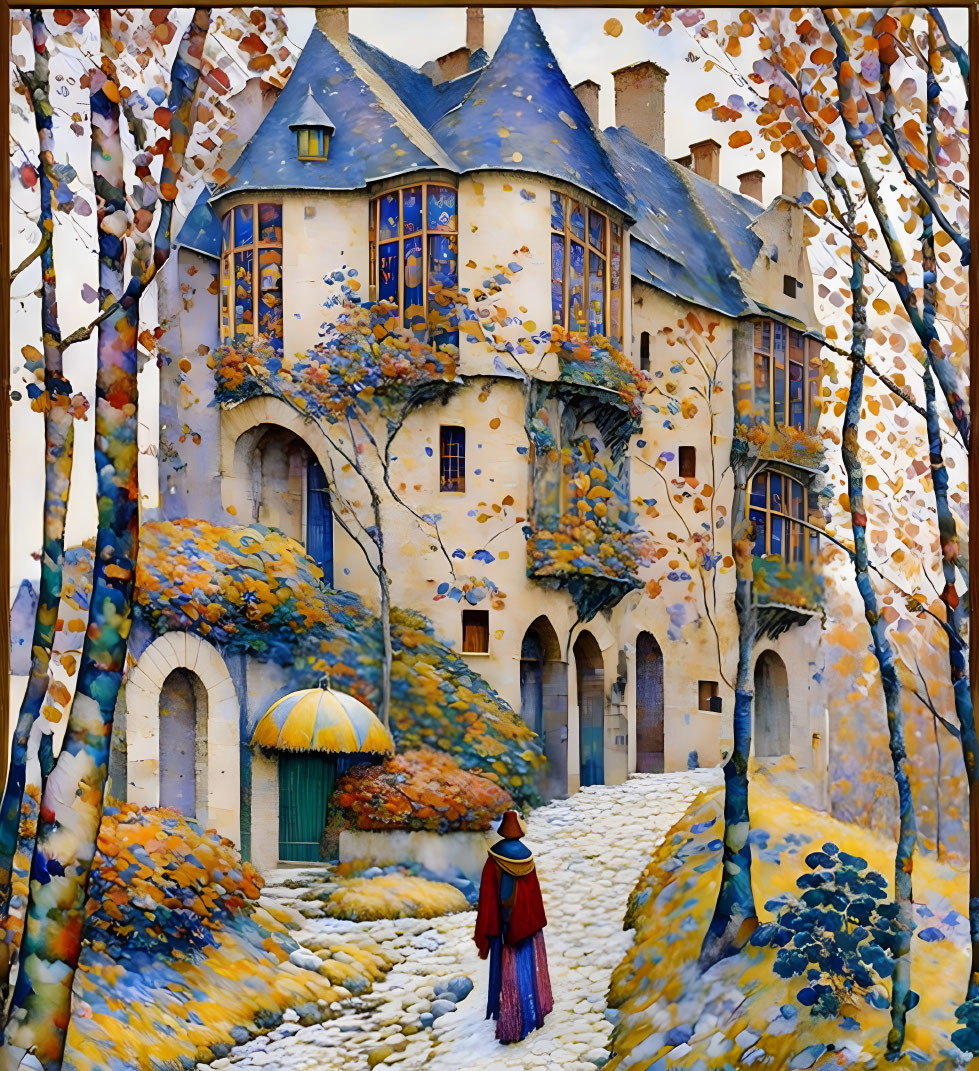 Vibrant illustration of person walking to castle in autumn setting