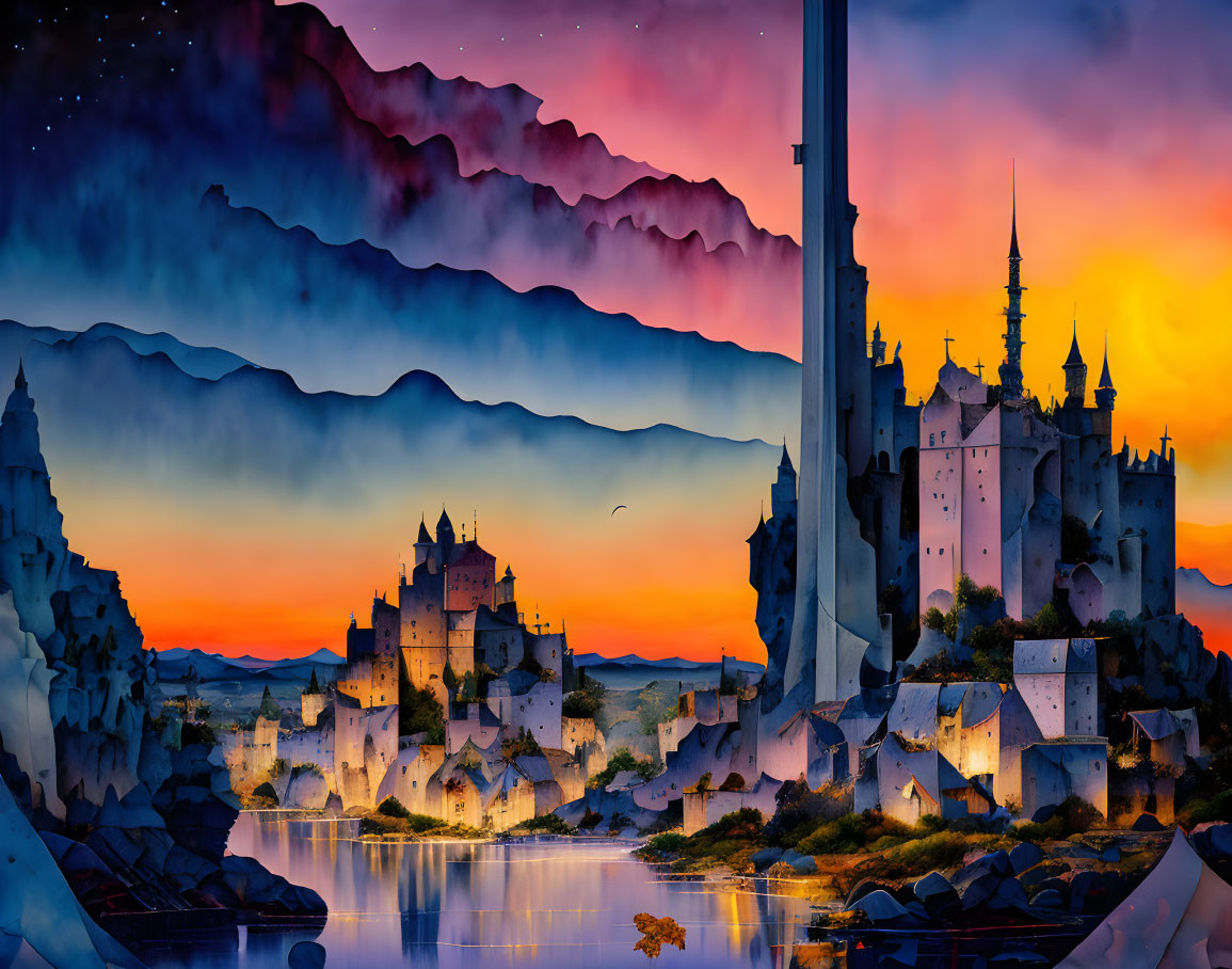 Fantasy landscape with castle, lake, mountains, and starry sky