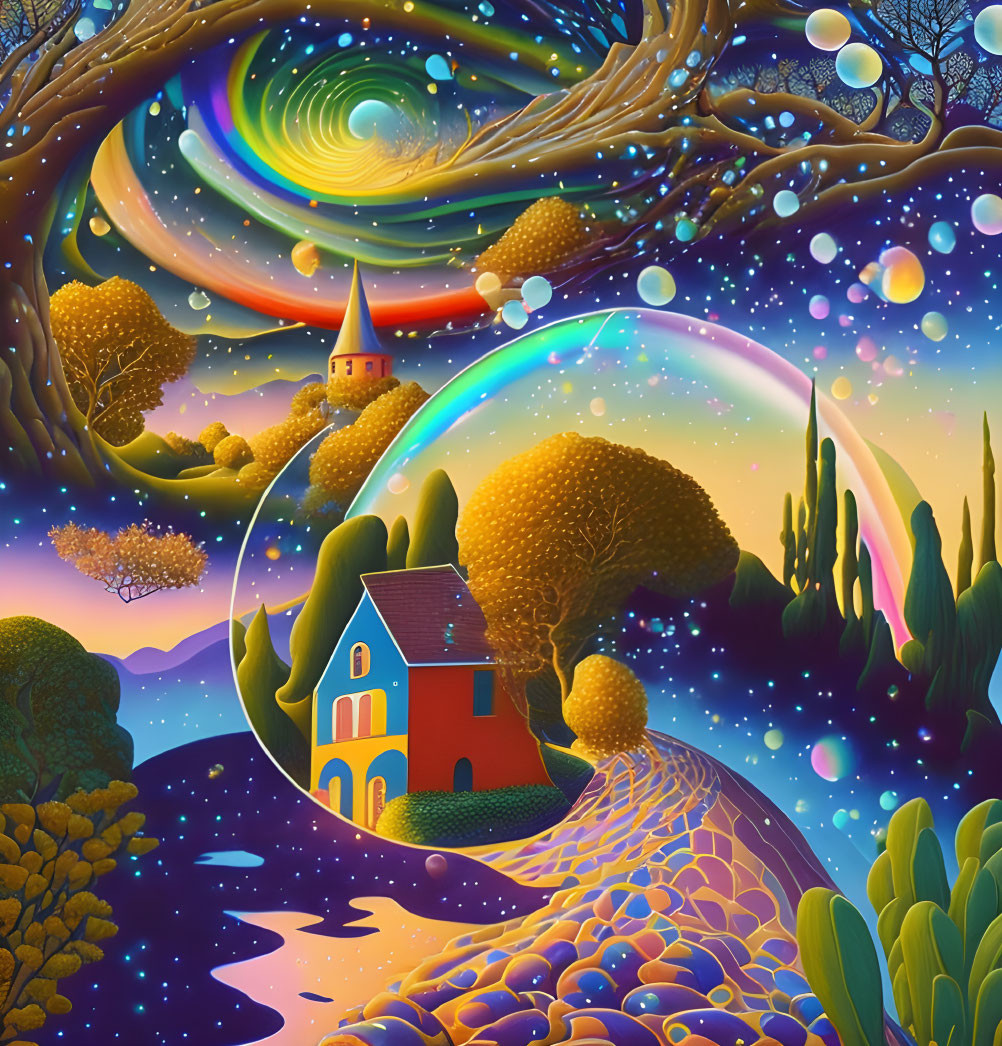 Colorful Fantasy Landscape with Whimsical House, Castle, and Bubbles