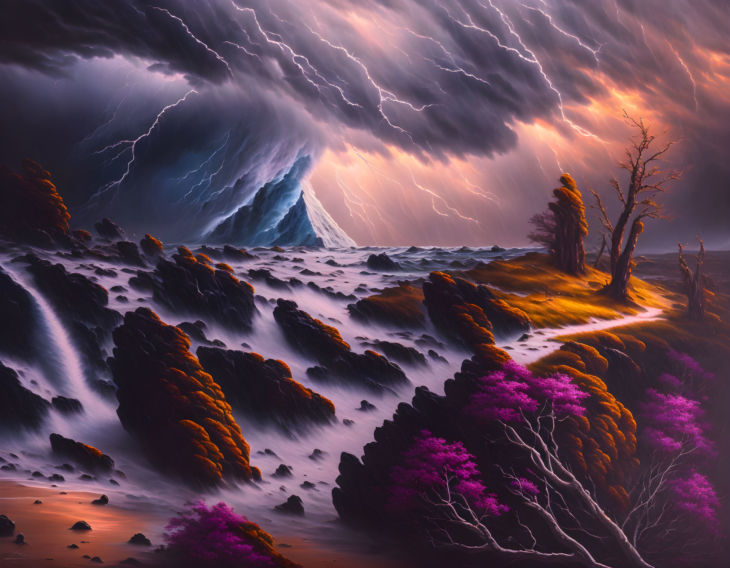 Stormy Ocean Scene with Lightning and Purple Flora