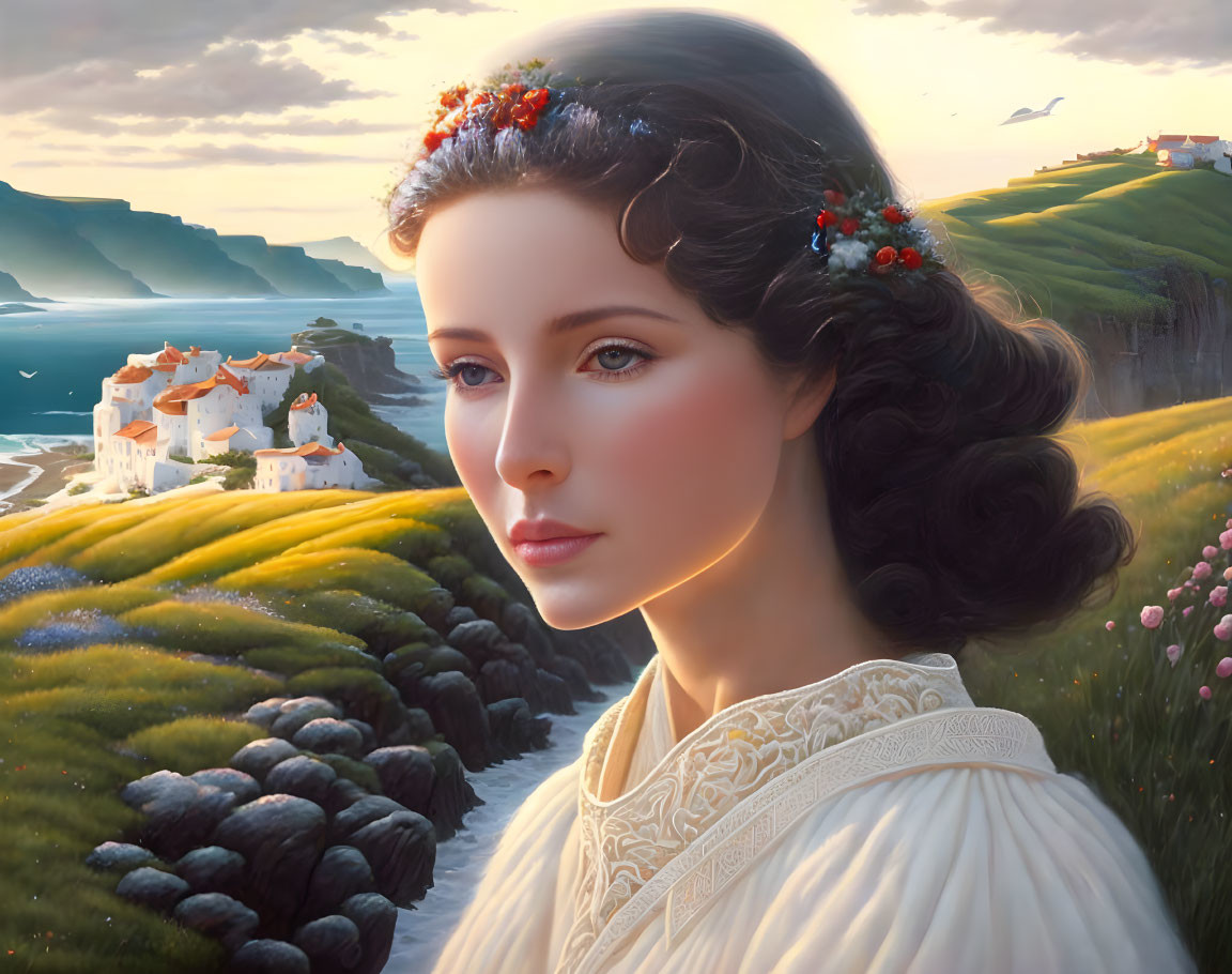 Woman with Floral Crown Gazing at Coastal Village