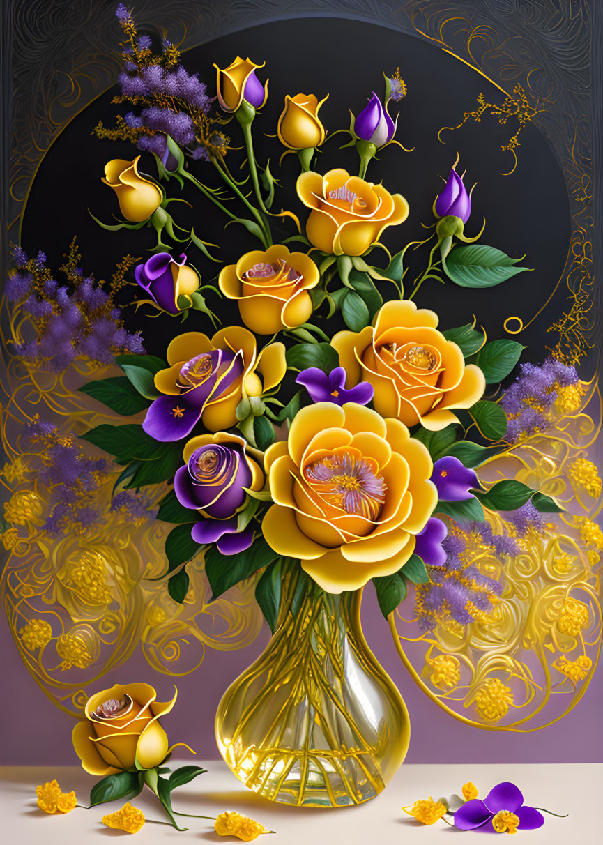 Digital art: Gold vase with yellow and purple roses on ornate background