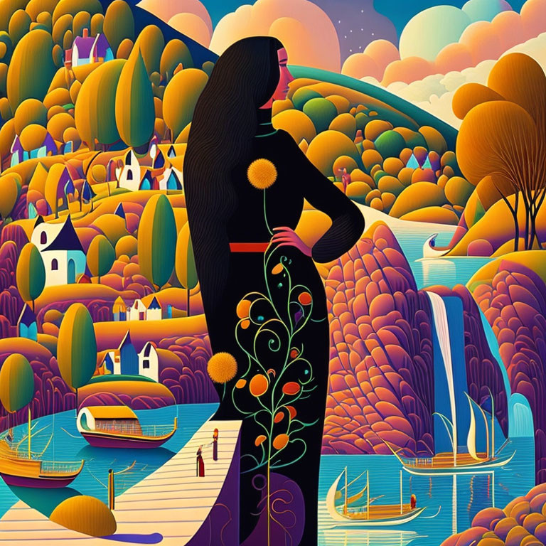 Stylized illustration of woman in black silhouette with patterned dress overlooking vibrant landscape.