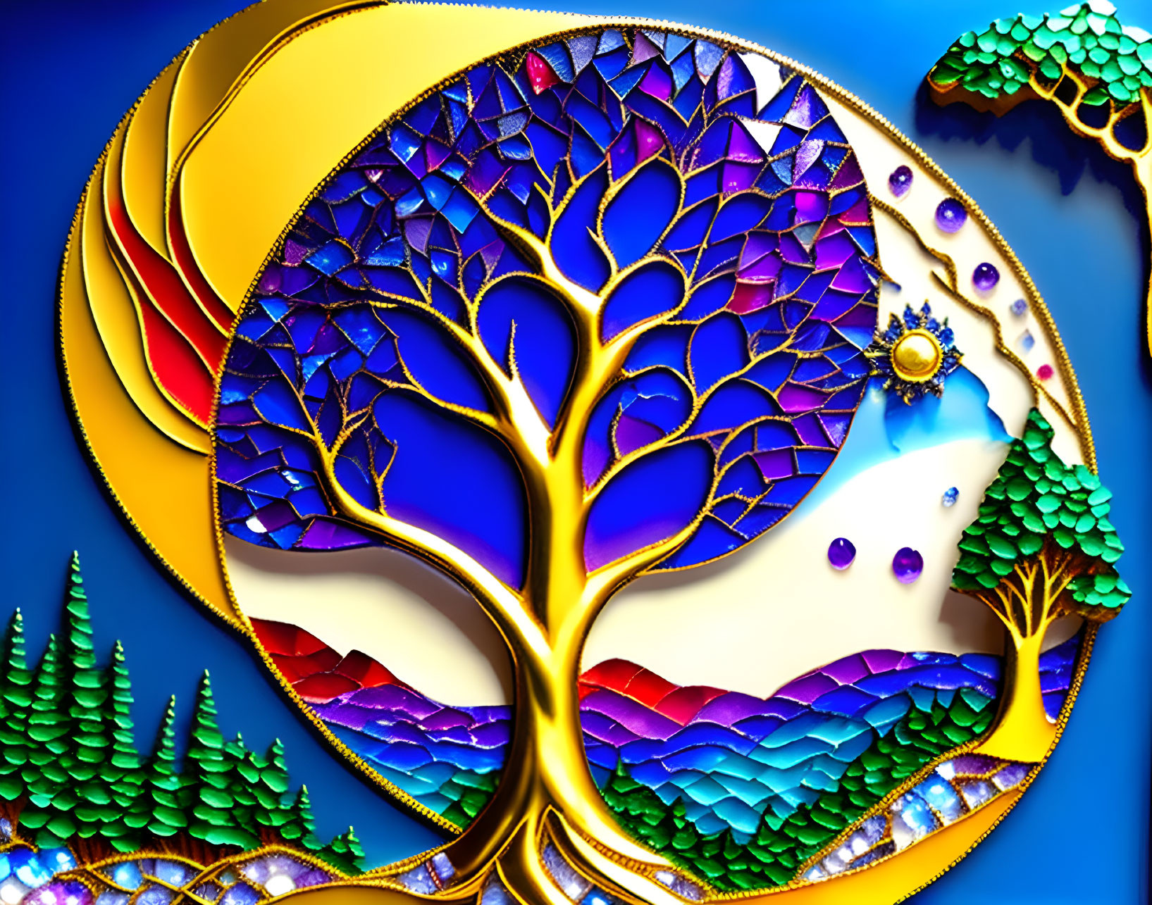 Colorful Tree Artwork in Circular Golden Frame on Blue Background