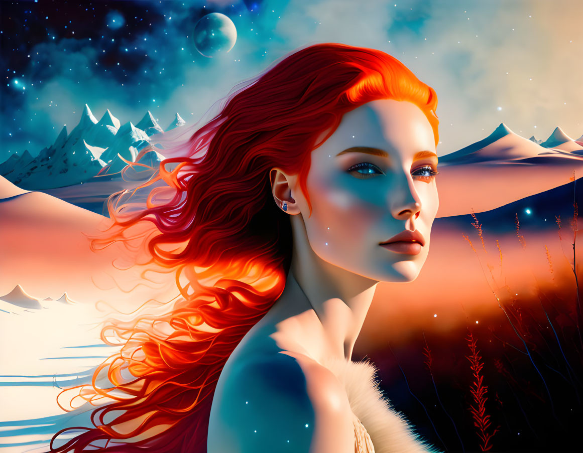 Illustration: Woman with red hair in snowy mountain night scene