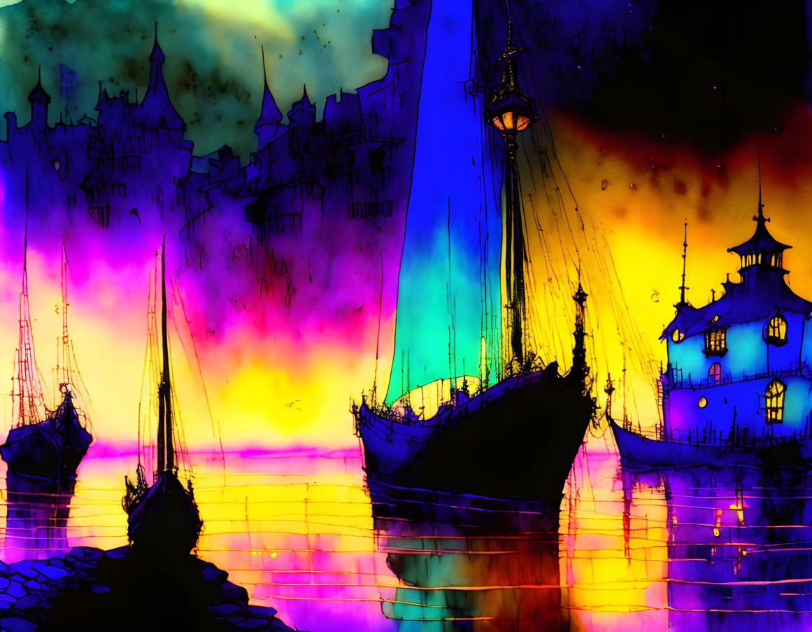 Vibrant fantasy waterfront with ships and whimsical buildings at sunset