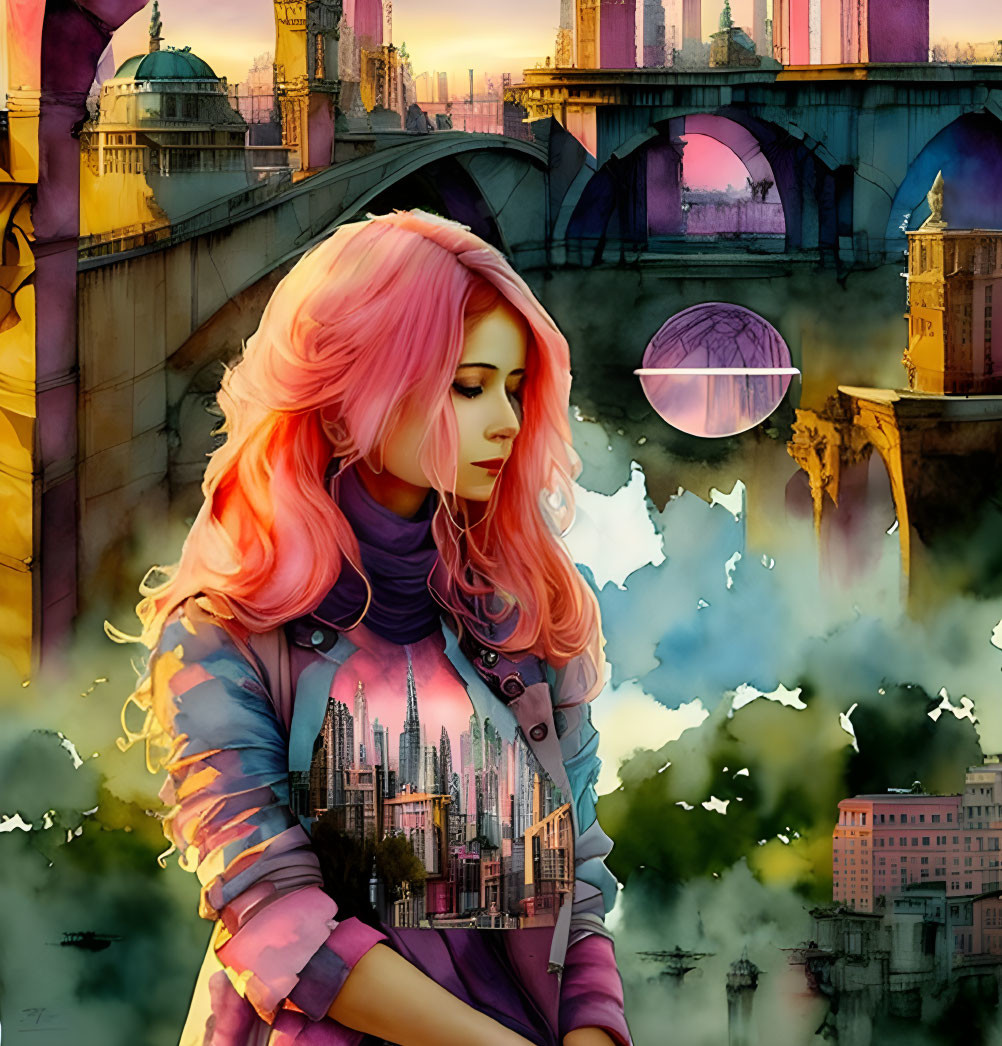 Pink-haired woman in surreal cityscape with floating elements and warm sunset hues