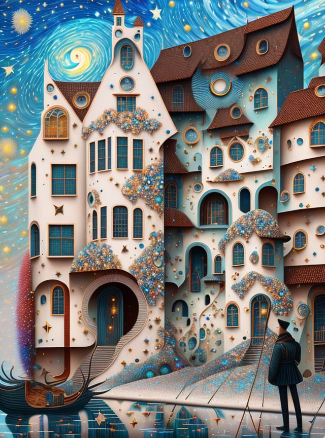 Starry multi-level house illustration with circular doors and cosmic backdrop