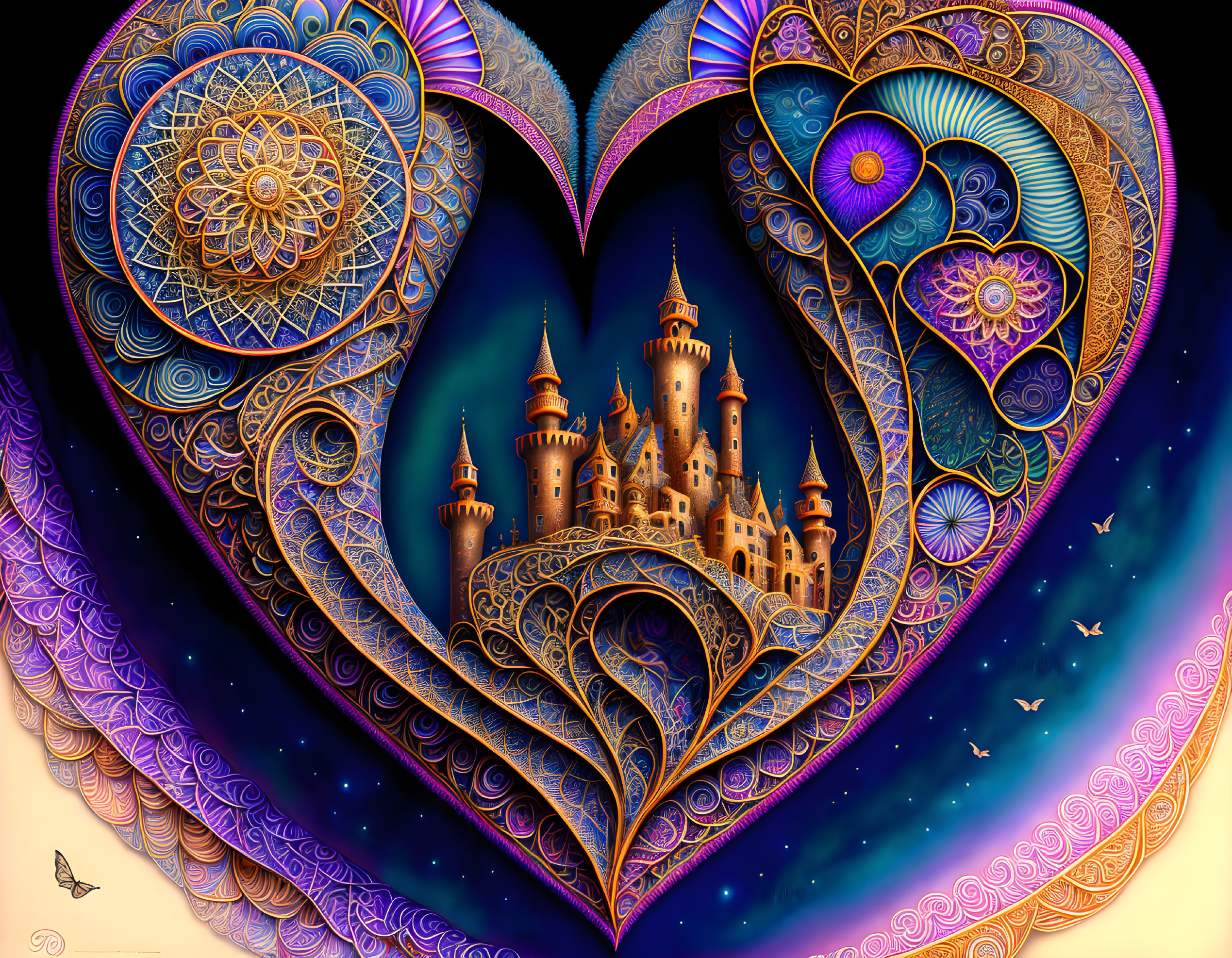 Fantasy castle in heart-shaped mandala with cosmic elements