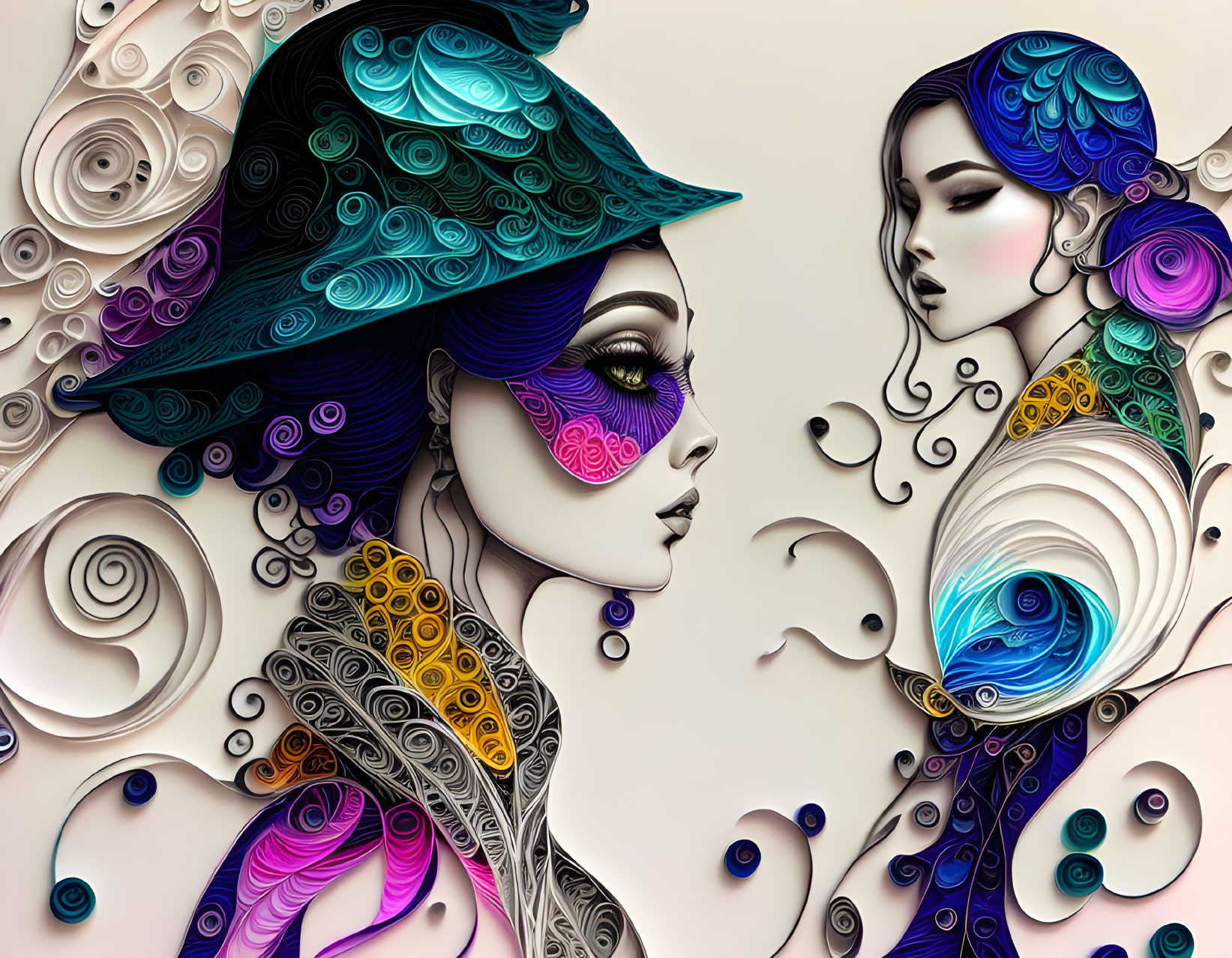 Colorful stylized female figures with intricate patterns and swirls.