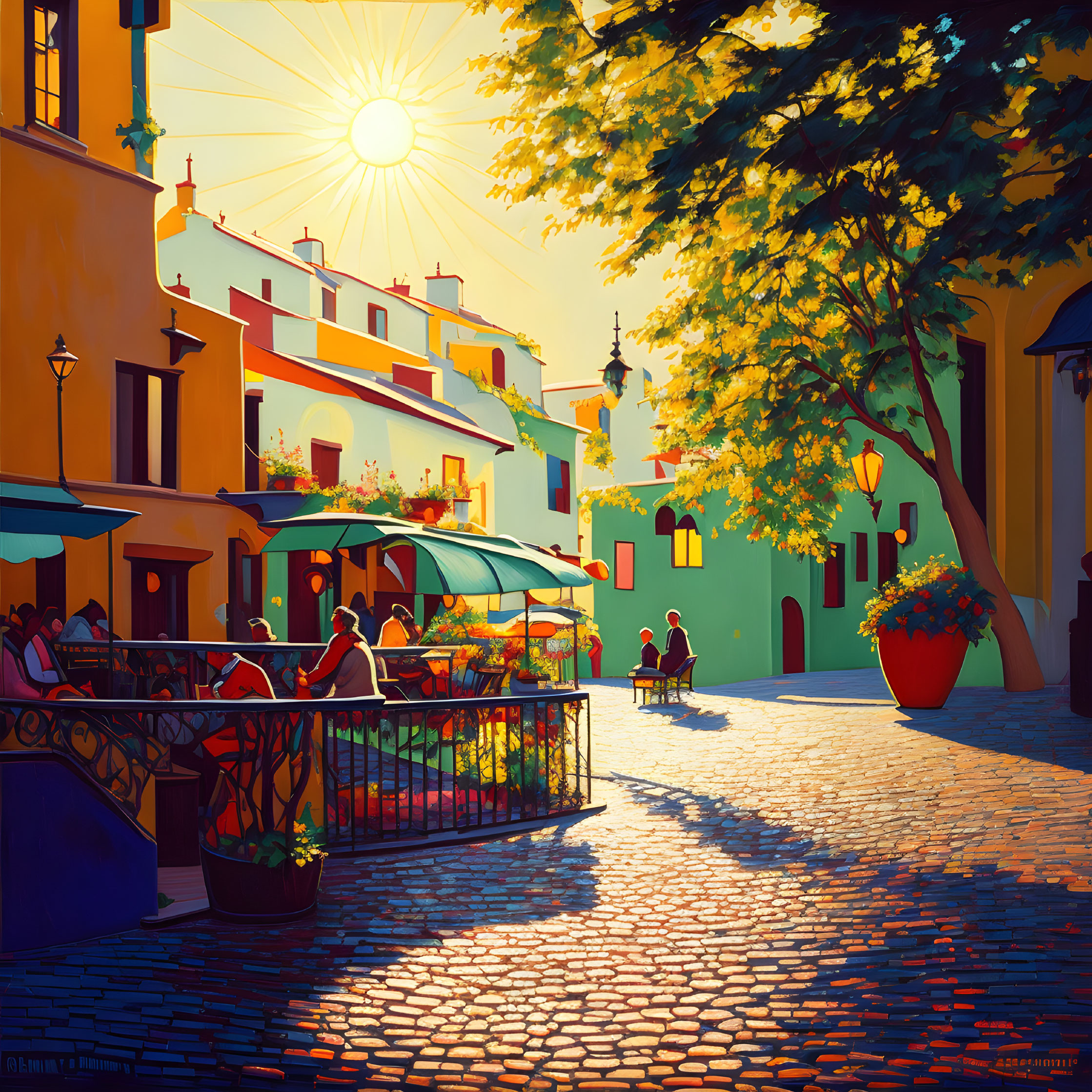 Vibrant street scene: sidewalk café, sunny day, dappled shadows