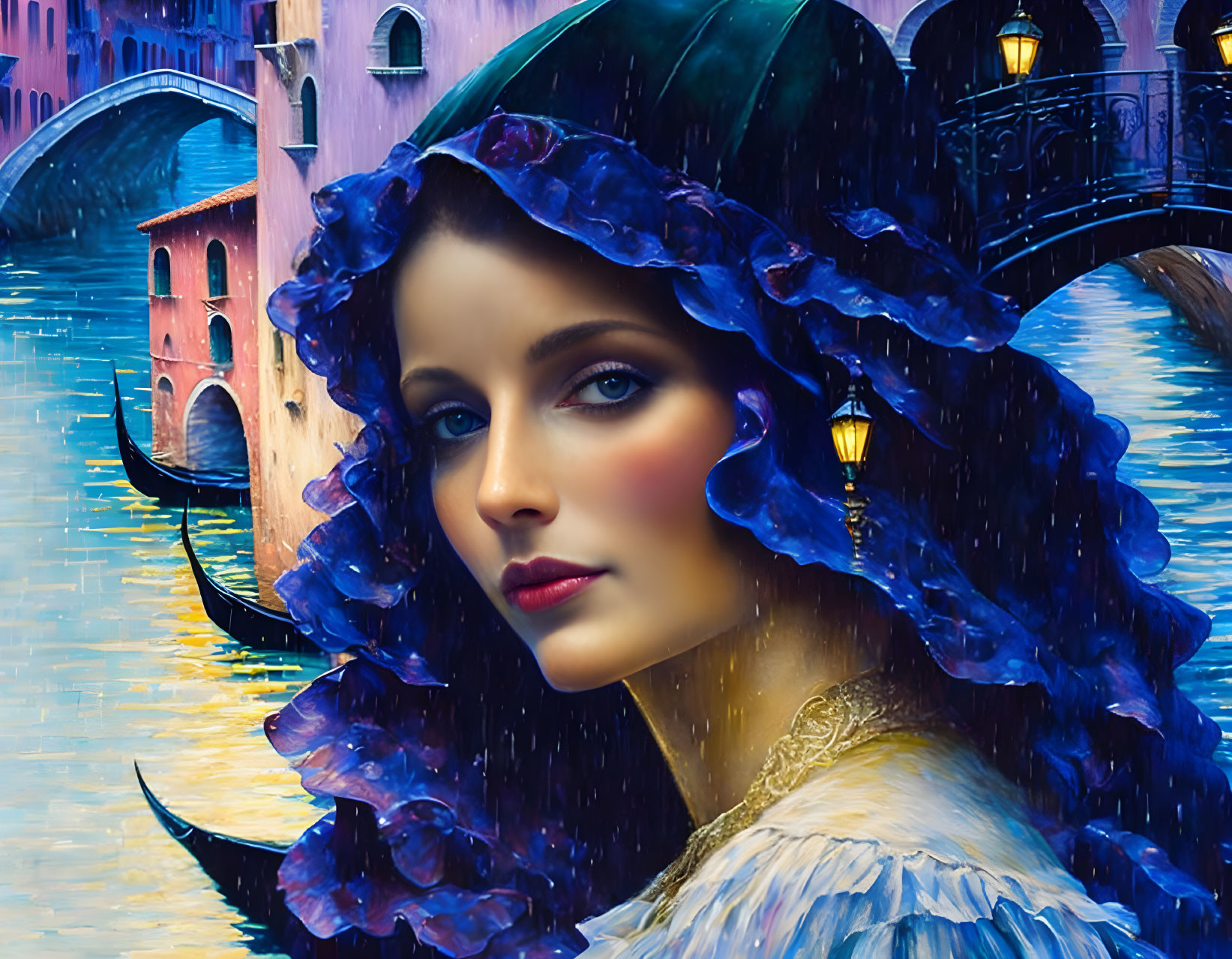 Digital artwork of woman with blue eyes in floral bonnet against Venetian canal backdrop.