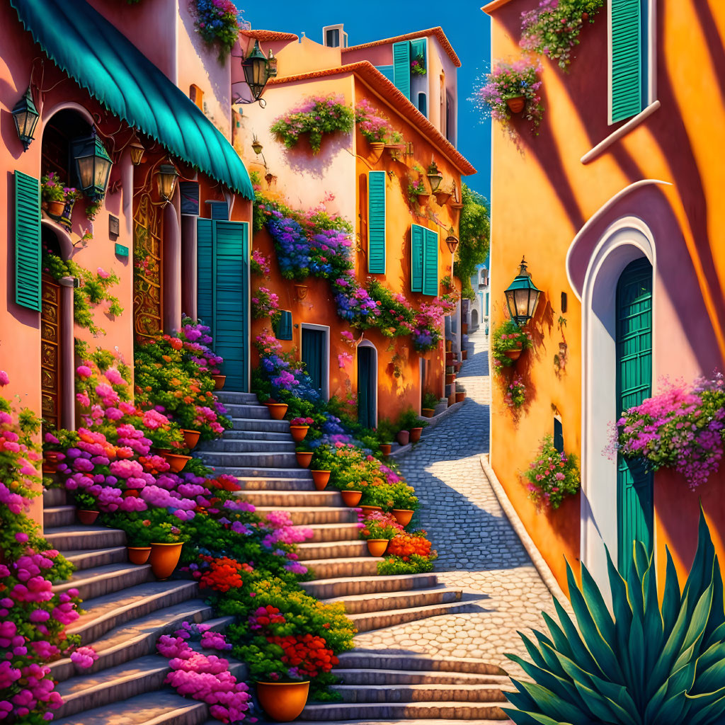 Colorful Mediterranean alley with cobblestone steps and lush flowers